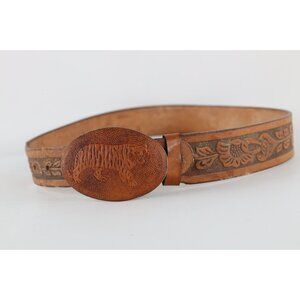 Vtg 70s Streetwear Distressed Flower Floral Tiger Buckle Leather Belt Size 36